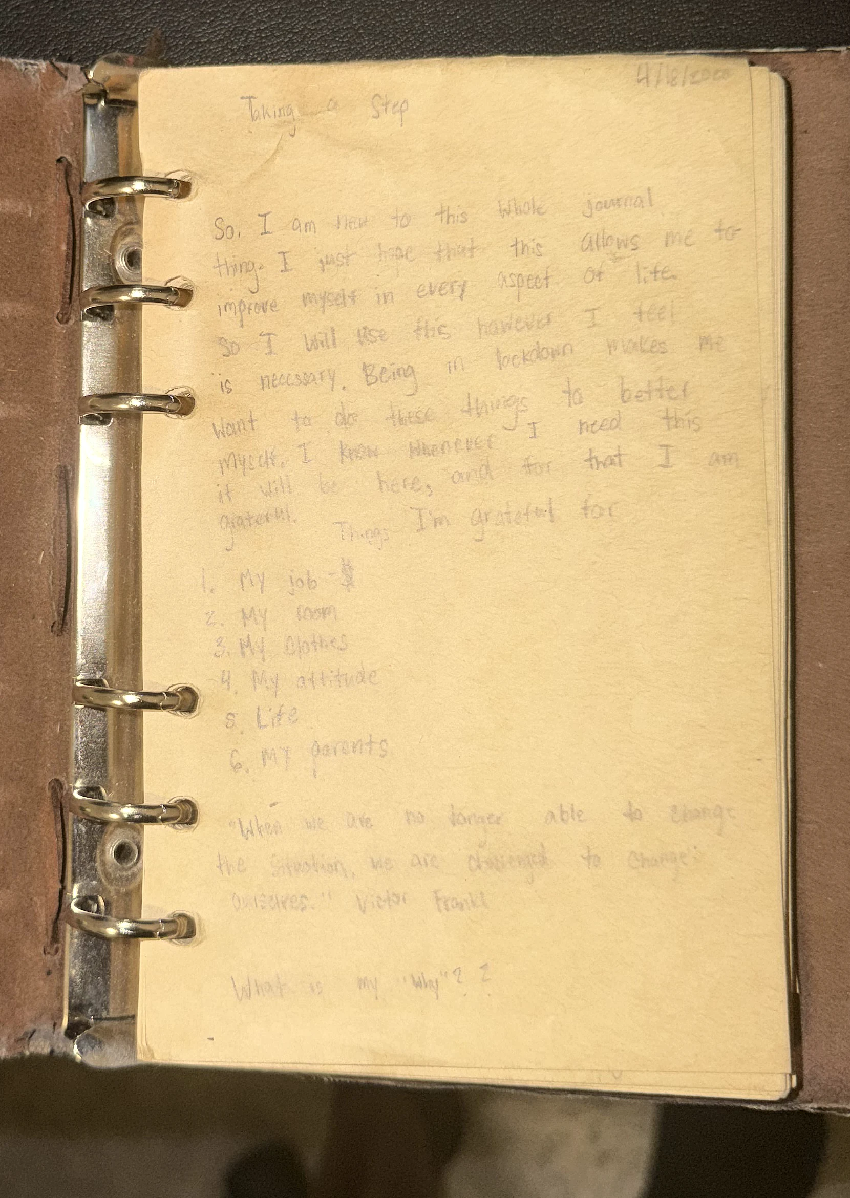 Open handwritten journal entry titled Taking a Step, dated April 18, 2020